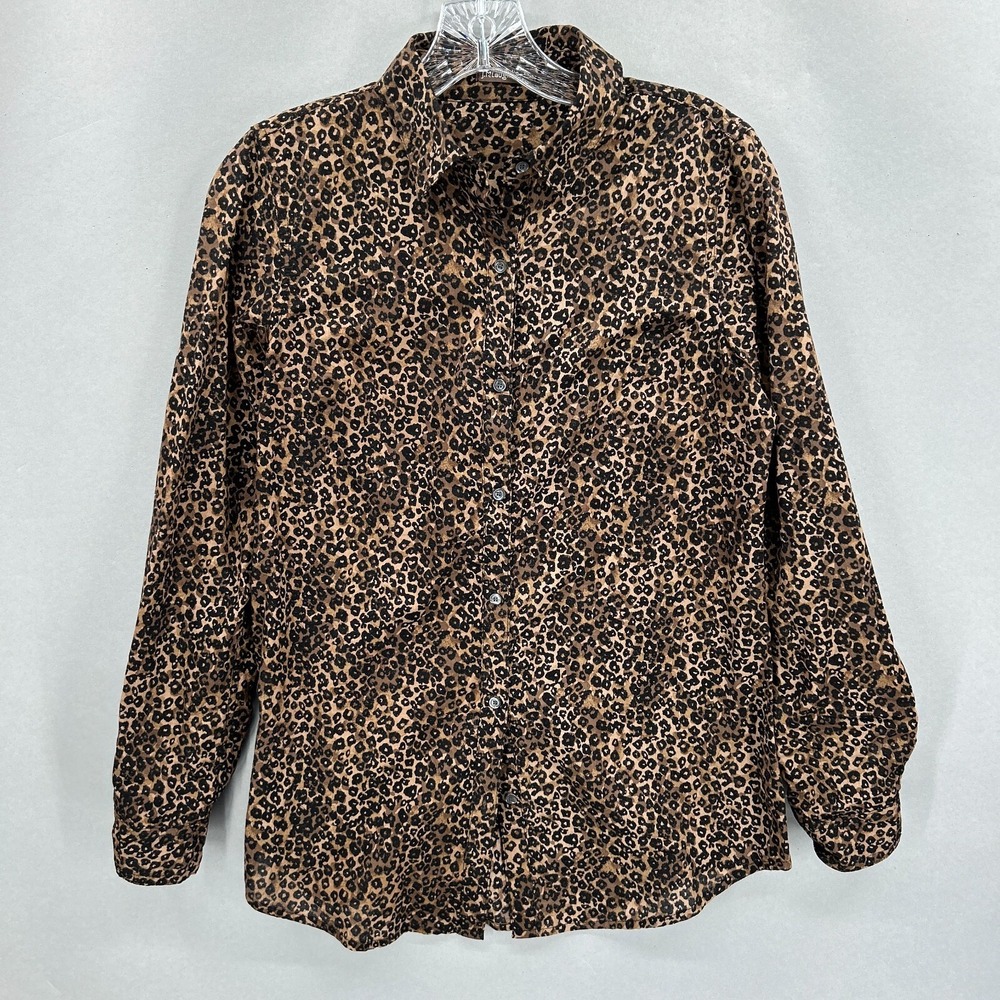 J McLaughlin Shirt Top Blouse Womens XS Brown Animal Print Button Up Jaguar